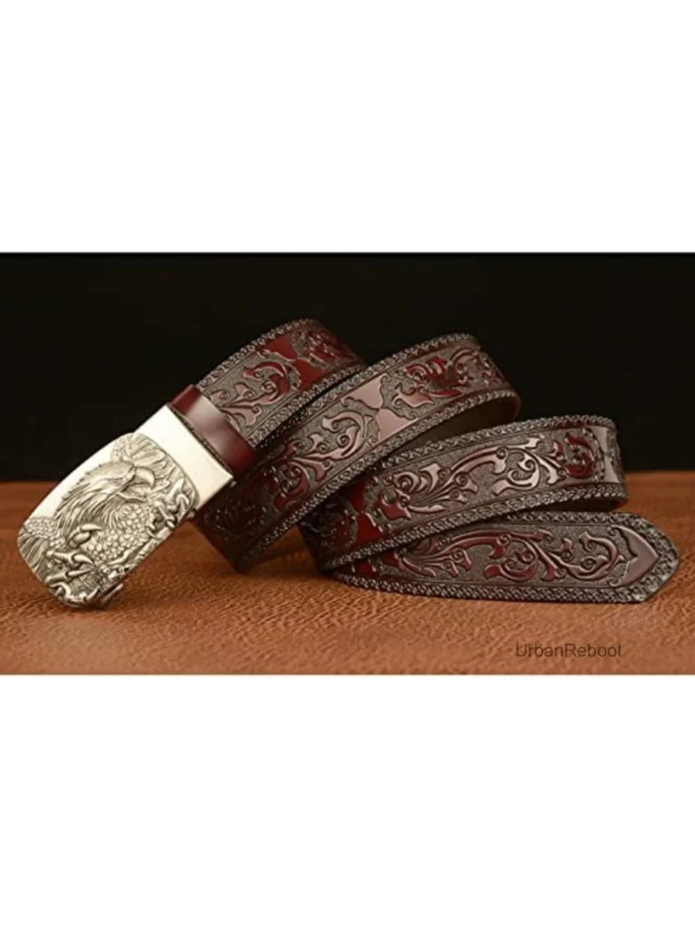 Genuine Leather Men's Ratchet Belt with 3D Eagle Sliding Buckle, Vintage
